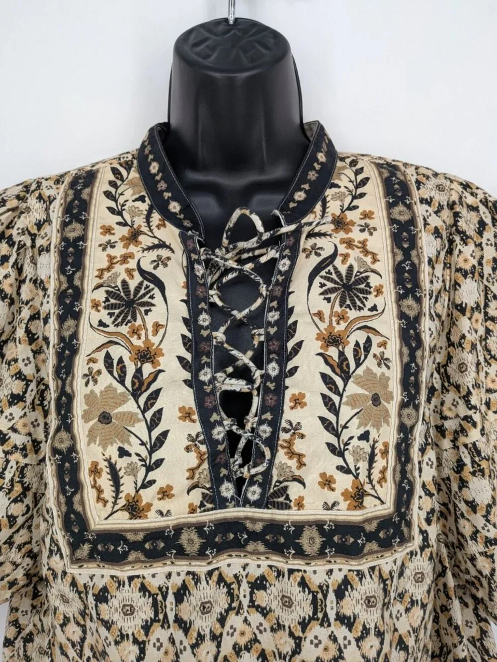 Anthropologie Lace Up Bohemian Peasant Top Floral Puff Sleeve Folk XLarge Petite